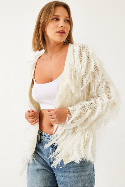 Bianco Lucci Women's Fringed Knitwear Cardigan 20246249