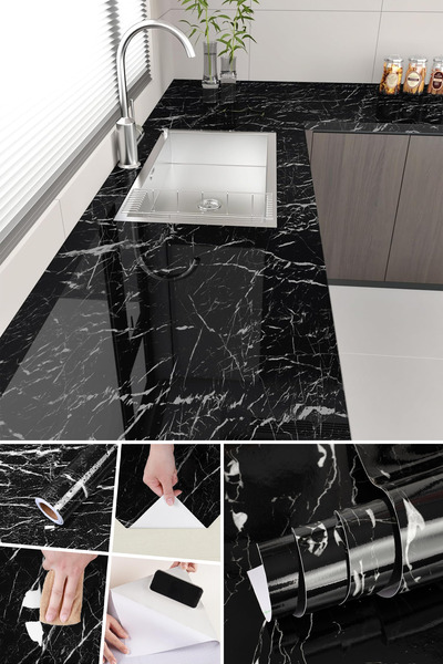 MEZİGARC Kendinden Yapışkanlı Siyah Mermer Desenli Mutfak Banyo Tezgah Duvar Ve Masa Kaplama 60cmx500cm