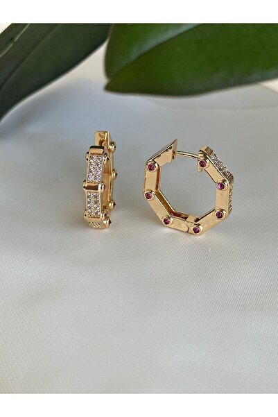 NKIE JEWELS Fuşya Küpe Boy Zirkon Küçük Taş Kenarları Taş Detaylı Serenay Geometrik