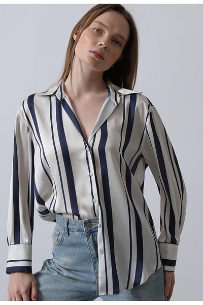 Reyon Women's Navy Blue Striped Satin Shirt