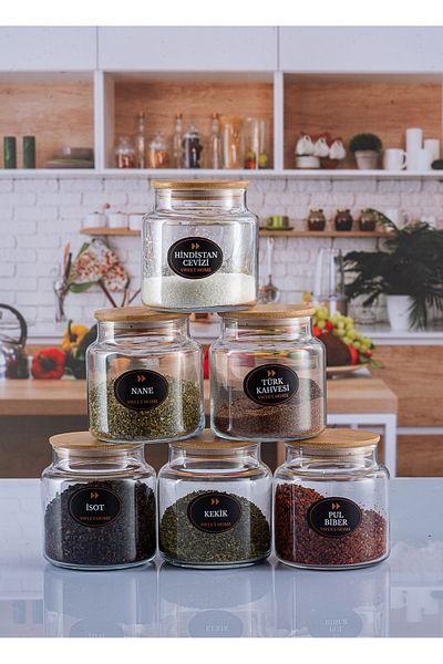 emdeco 6-Piece Bamboo Lid, Spice Jar Set with Tag Gift Spice Set 500ml