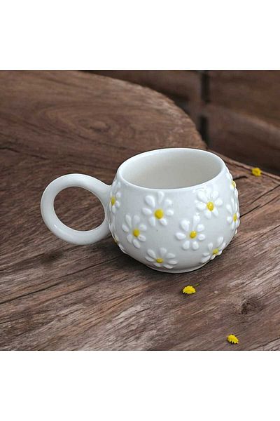 AGH Ceramic Daisy Embossed Mug - Tea Cup - Coffee Cup