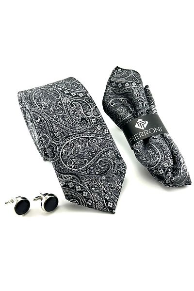 PİERRONİ Black Gray Shawl Patterned Tie Handkerchief Cufflinks Special Set