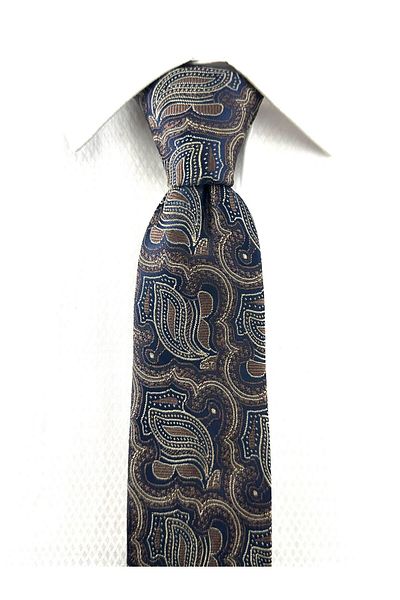 PİERRONİ Navy Blue Brown Patterned Handkerchief Tie