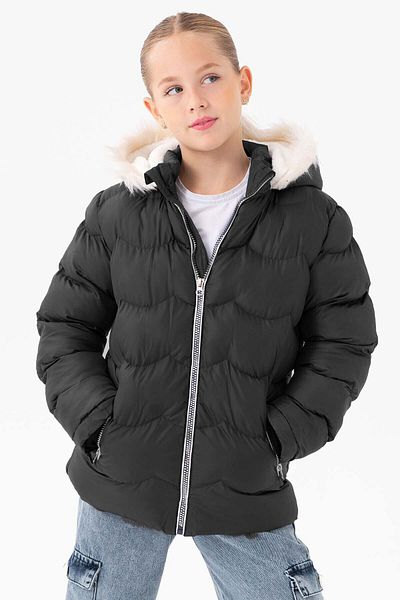 VODENS Girl's Water Repellent Black Coat with Thick Fur and Fleece Underwear