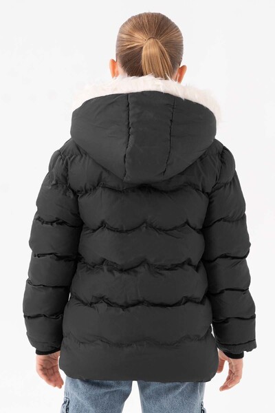 VODENS Dívčí vodoodpudivý černý kabát s hustou kožešinou a fleecovým spodním prádlem