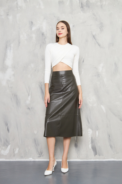 KİM Kİ O Women's Pu Leather Thin Slim Without Pouch Asymetric Cut Zip Closure Skirt