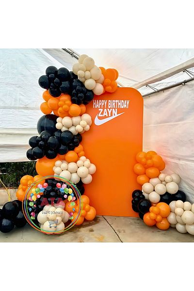 Ata Parti Dünyası Birthday Concept - Black Retro White Orange 100-Piece Balloon Chain Party Set