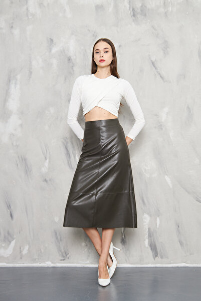 KİM Kİ O Women's Pu Leather Thin Slim Without Pouch Asymetric Cut Zip Closure Skirt