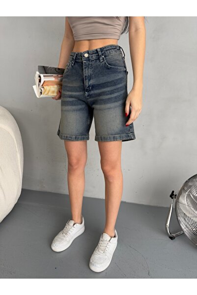 alanora Pantaloni scurți din denim bermude pentru femei cu talie înaltă - Design cu efect