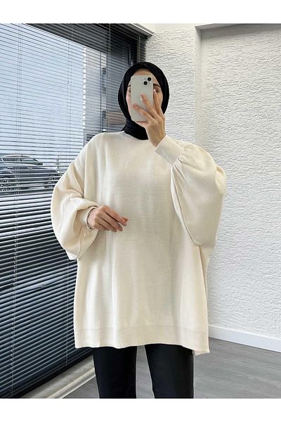 MELEK ARAZ Ecru Bat Sleeve Oversize Women's Sweater