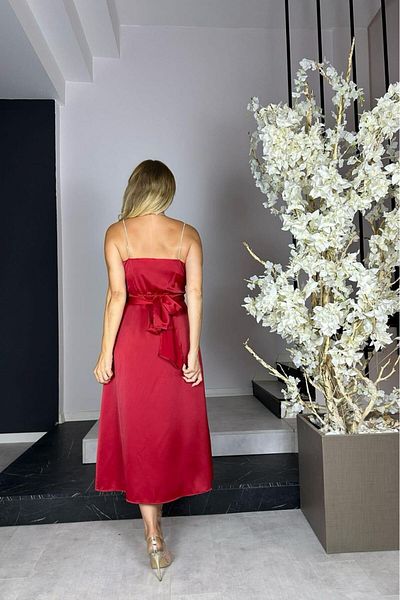 gesmoda M1515 Stone Strap Midi Length Satin Dress Red