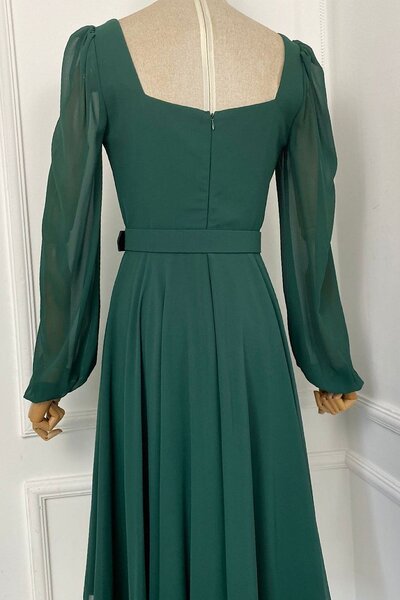 gesmoda G0265 Kare Yaka Kemerli Şifon Elbise Yeşil