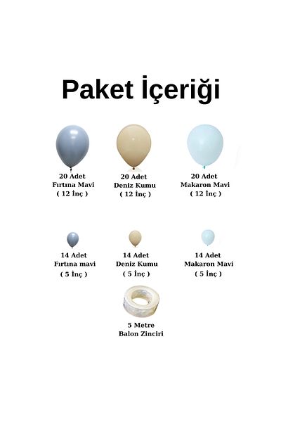 Ata Parti Dünyası Birthday Concept - Storm Blue, Sea Sand and Macaron Blue 100 Pieces Balloon Chain Set
