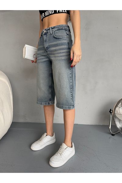 alanora Bermude din denim pentru femei cu talie înaltă - cu efect și largi sub genunchi