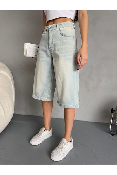 alanora High Waist Women's Denim Bermuda Shorts - Baggy with Effects and Below the Knee