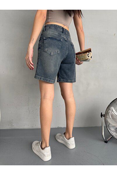 alanora Pantaloni scurți din denim bermude pentru femei cu talie înaltă - Design cu efect