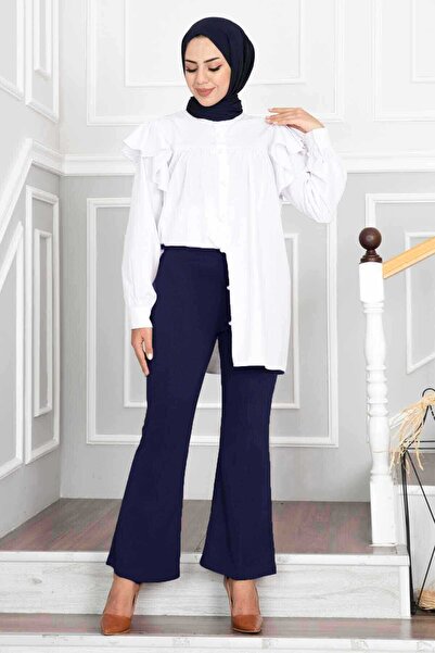 EBRUTESETTÜR Beli Lastikli İspanyol Paça Tesettür Pantolon Lacivert