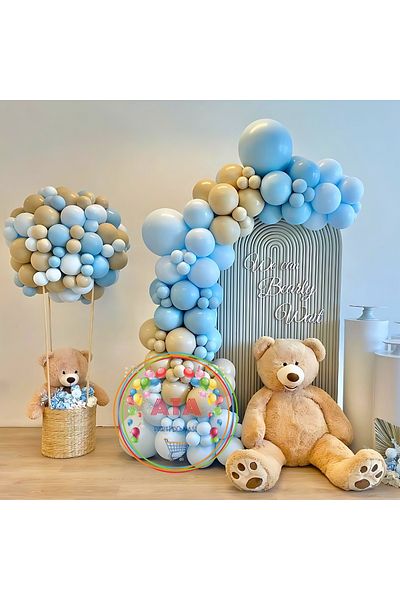 Ata Parti Dünyası Birthday Concept - Storm Blue, Sea Sand and Macaron Blue 100 Pieces Balloon Chain Set