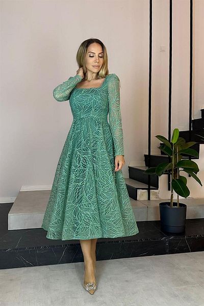 gesmoda G0245 Τετράγωνο γιακά Glitter Midi Μήκος Σχέδιο Φόρεμα Μέντα