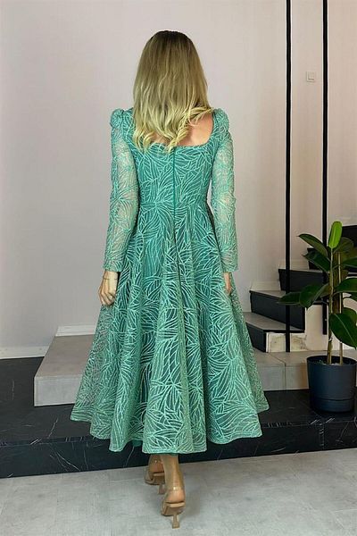 gesmoda G0245 Τετράγωνο γιακά Glitter Midi Μήκος Σχέδιο Φόρεμα Μέντα