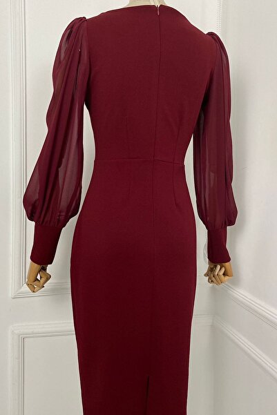 gesmoda M1990 Square Neck Chiffon Sleeve Dress Claret Red