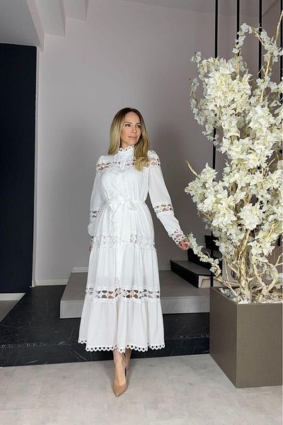 gesmoda G0958 Lace Detailed Design Shirt Dress is Loose Fit, Size 46, White