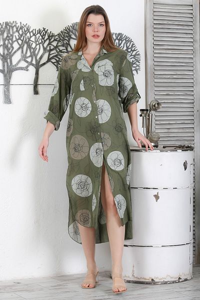 Chiccy Dark Green Floral Print - Long Sleeve Summer Dress with Buttons and Double Pockets 130 65