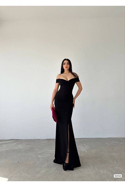 vuvutasarım Νέα σεζόν Crepe Fabric Boat Neck Slit Λεπτομερές κοντομάνικο γυναικείο μάξι φόρεμα 582904