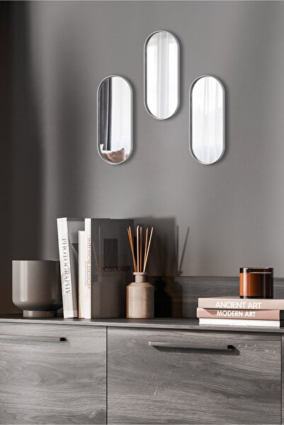 Leila 3'lü  Oval Ayna Duvar Aksesuarı - Sunumluk Gümüş (Çok amaçlı) 12x30 cm