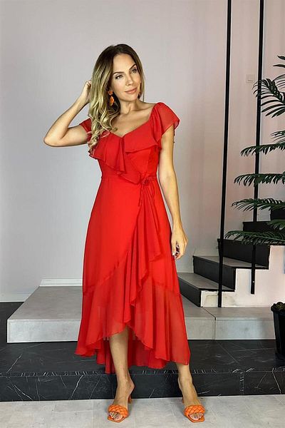gesmoda G0199 Ruffle Detailed Wrap Chiffon Dress Coral