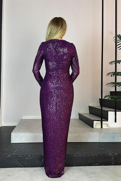 gesmoda G0728 Double Breasted Collar Long Sleeve Sequin Design Dress Plum
