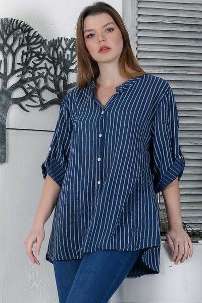 Chiccy Ιταλικό Navy Blue με κουμπιά 3/4 μανίκι ριγέ casual μακριά πλεκτό πουκάμισο 75 65
