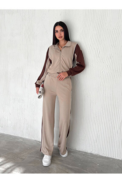 02Lady Fashion Garni̇Li̇ Bi̇Yeli̇ Modal Fabric Zippered Tracksuit Suit