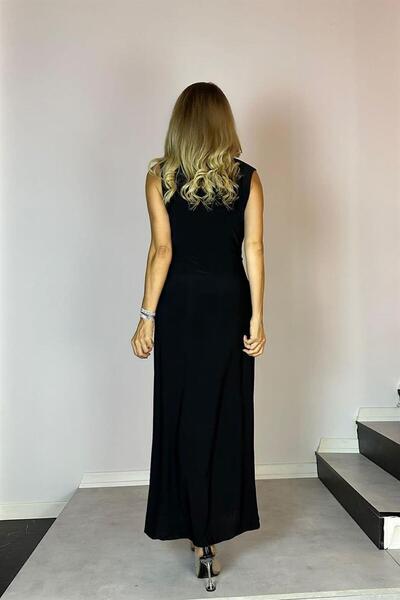 gesmoda G0691 Βραδινό Φόρεμα με Σταυρωτό Γιακά και Ένα Πλάι, Μαύρο με Πούλιες