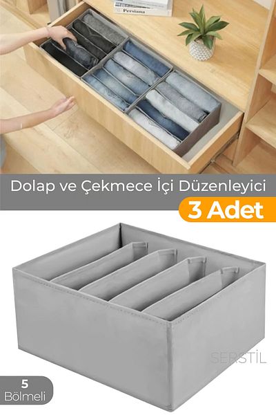 Serstil 3 Pieces Anthracite Storage Box - 5 Compartments Cabinet and Drawer Organizer