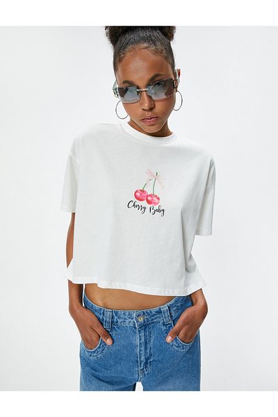 Koton Cherry Printed Bow Detailed Crop T-Shirt - Crew Neck, Short Sleeve