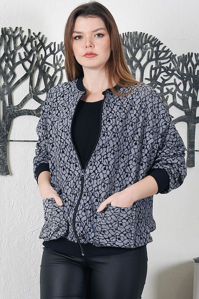 Chiccy Grey-Black Bomber Collar Cuffed Sleeves Casual Woven Jacket with Zipper Pockets 70 65
