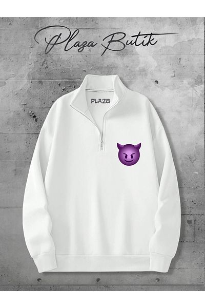 Plaza Butik Unisex Oversize Cotton Fleece Devil Emoji Sweatshirt - Relaxed Fit, Half Zip