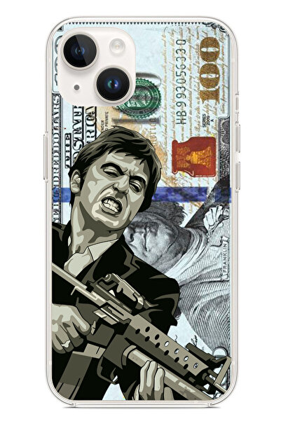 TechTree iPhone 13 Uyumlu Scarface Dolar Tasarımlı Şeffaf Silikon Kılıf