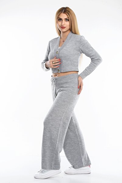 Abakka Gombos Crop kardigán és széles szárú nadrág 2 részes kötöttáru szett