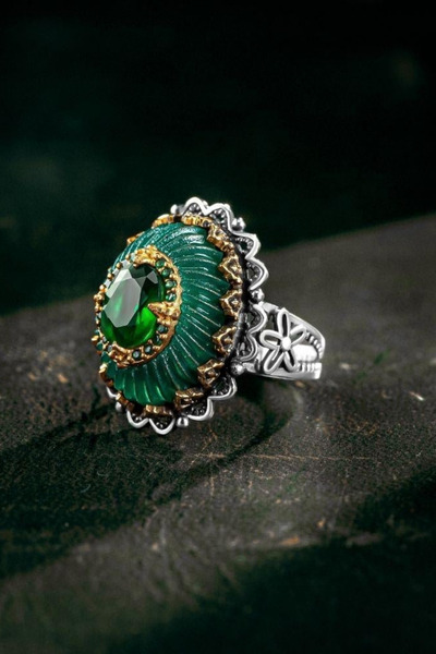 Diriliş Takı Yeşil El Oyması Kehribar Gümüş Yüzük