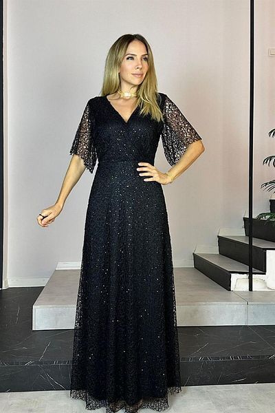 gesmoda G0757 Βραδινό φόρεμα με λαιμόκοψη με παγιέτες με δαντέλα μαύρο
