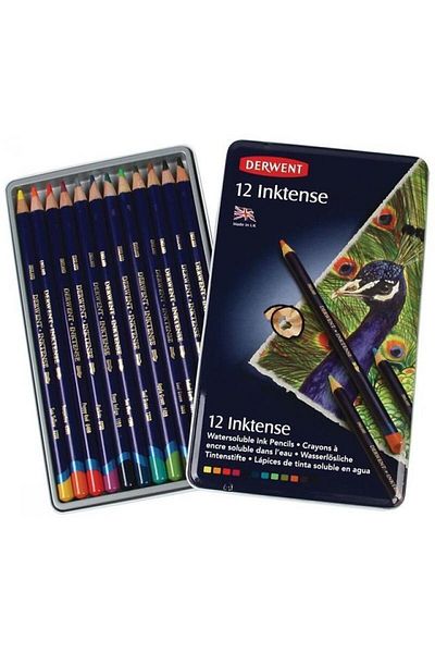 Derwent Inktense Ink Based Dry - Watercolor Pen Set 12 Colors Tin Box - Dw0700928