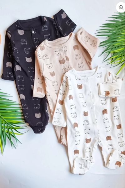 Bamoola 100% Cotton Brown Animal Patterned 3-Piece Jumpsuit with Booties (Girl - Boy - Newborn)