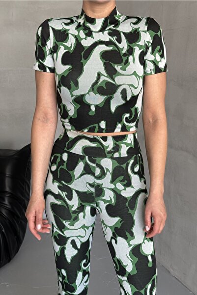 MODAGEN Women's Half Turtleneck Short Sleeve Print Bottom-Top Trousers Set