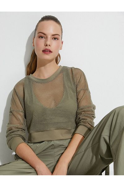Koton Mesh Crop Sports T-Shirt Long Sleeve Crew Neck