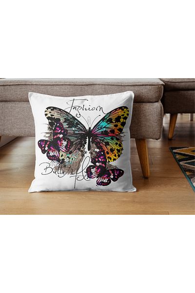 Home Rachel Fabric Set of 4 Butterfly Patterned Digital Printed Throw Pillow Covers - 45X45
