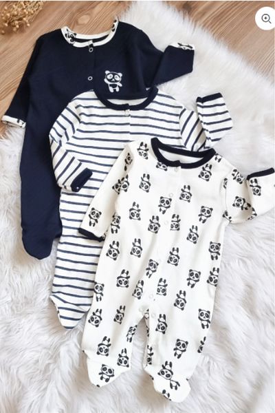 Bamoola 100% Cotton Panda Patterned 3-Piece Jumpsuit with Booties (Girl - Boy - Newborn)