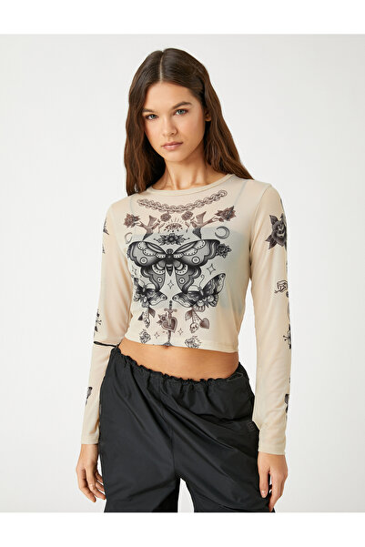 Koton Μακρυμάνικο T-Shirt Crop Tulle Printed Crew Lack